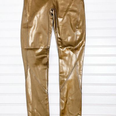 NEW SPANX Womens Faux Leather Leggings Tummy Control Shiny Gold Size XS