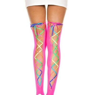 Pink Rainbow Ribbon Lace Up Opaque Thigh High Stockings Ravewear Pride festival