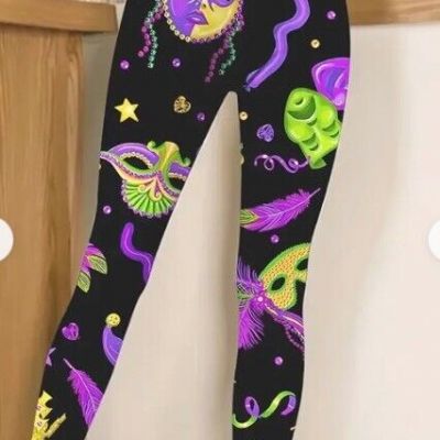 MARDI GRAS MASK Carnivale Themed Leggings, Soft and true To Size! L M/8 USA SHIP