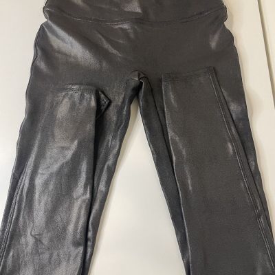 SPANX Black Faux Leather Leggings Shiny Coated Women's Size MediumAthleisure