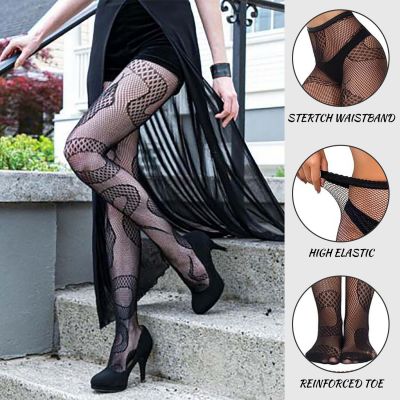 Women High Waist Snake Print Fishnet Stockings Tights Hollow Out See-through New