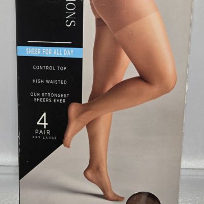 Silk Impressions Pantyhose, Control Top, Sheer For All Day, 4-Pack, XXXL, Cocoa