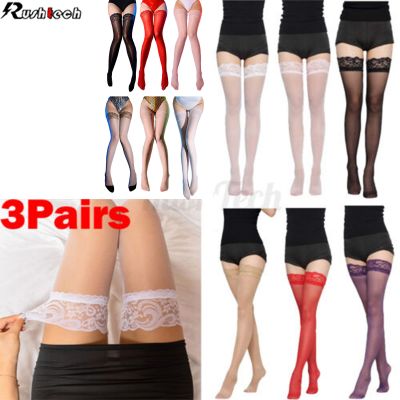 3 Pairs Lady's Lace Top Stay Up Thigh-High Stockings Womens Sexy Pantyhose Socks