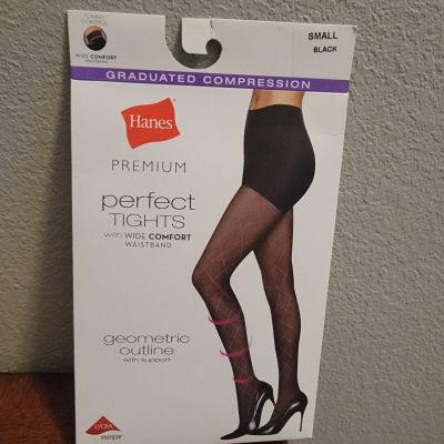Hanes Premium Perfect Tights W/ Wide Comfort Waistband Black Geometric Outline S