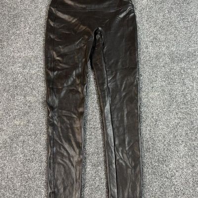 SPANX Faux Leather Shiny Leggings Sz Large Black Pull On Pants Stretch 27X27