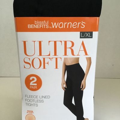 NEW Warners soft fleece lined tights footless warm & Cozy  2 pair  BLACK  L / XL