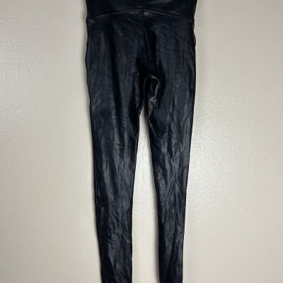 Spanx Petite S Faux Leather Leggings Pant Skinny Shiny Black Pull On Moto Vegan