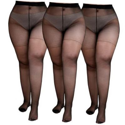 Plus Size Sheer Tights for Women,20D Ultra Thin High Waist 4X-Large Black-3pcs