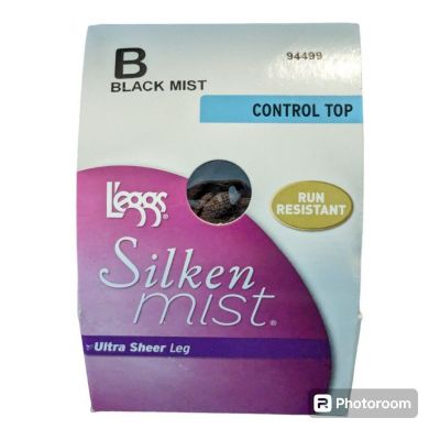 1 Pr L'eggs Silken Mist Control Top Black Mist Pantyhose sz B Ultra Sheer 94499