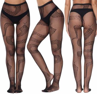 Women High Waist Snake Print Fishnet Stockings Tights Hollow Out See-through New