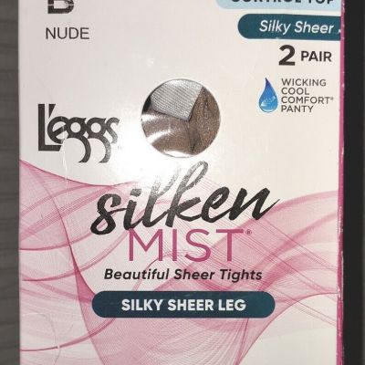 L'eggs Silken Mist Silky Sheer Control Top Pantyhose Tights B Nude 2 Pair Pk New