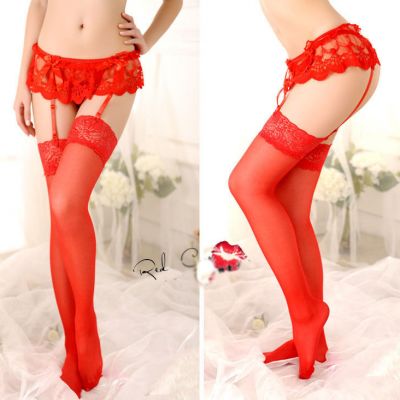 Super Sexy Lingerie Lace Garter Belt with Underwear + Silicone Stockings Set