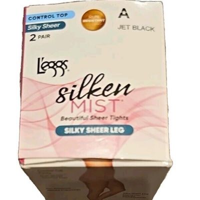 2-Pair ~ L'eggs Silken Mist ~ Sheer Leg ~ JET BLACK ~ Size A Small ~ Tights