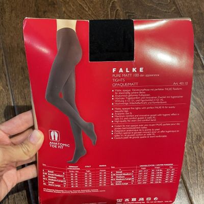Women's Falke  Pure Matte 100 Tights Black- 40110- Anatomic Toe Fit Sz M NWB $54