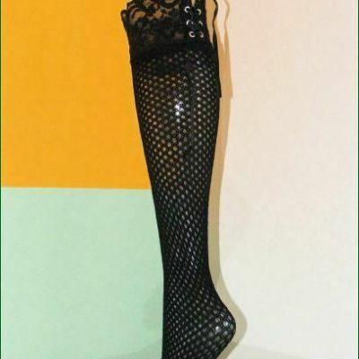 BLACK RIBBON Lace Up Top Stockings Corset Fishnet Stockings Thigh High Socks S M