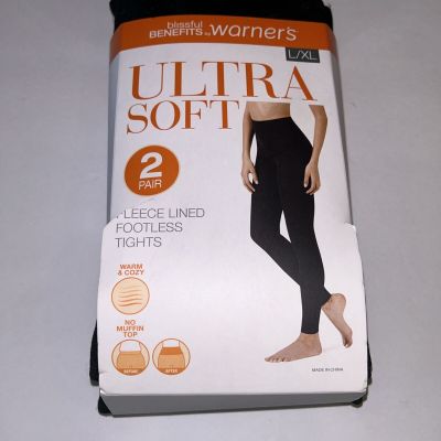 Warners Fleece Lined Footless Tights Womens Size L / XL Ultra Soft Black 2 Pair