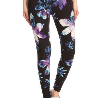 Yoga Style Banded Lined Galaxy Silhouette Floral Print, Full Length Leggings In