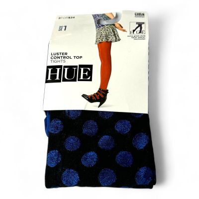 HUE Luster Dot Control Top Tights Womens Size 1 Black Blue Dots 1 Pair NWT