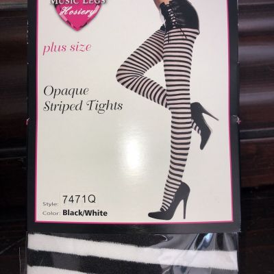Music Legs 7471Q Plus Size Opaque Striped Tights Black White