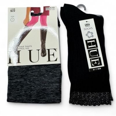 Hue Graphite Heather Super Opaque Tights Sz 1 & 1 Scalloped Pointelle Sock OS