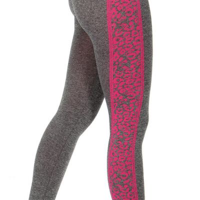 Fitness Leggings - Grey w/Bright Pink Cheetah Print Side Panels