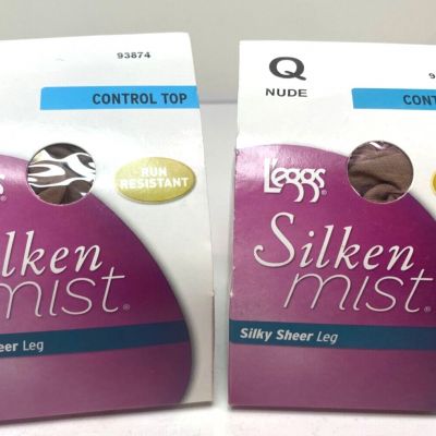 (2) L'eggs Silken Mist Silky Sheer Leg RUN Resistant Tights/Hosiery Nude Q Large