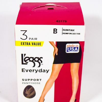L'eggs Everyday Support Reinforced Toe Pantyhose SUNTAN 3 pair Size B 43179