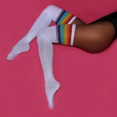 White Knee High Rainbow Rhinestone Stocking Sexy Lingerie Socks