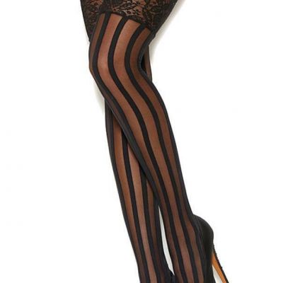 Vertical Striped Thigh Highs Stockings Wide Lace Top Costume Hosiery Black 12035