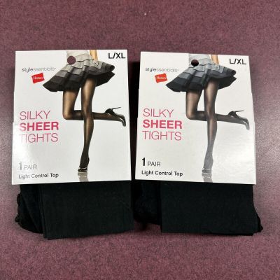 Hanes 2 Pair Style Essentials Silky Sheer Tights Light Control Top Black L/XL