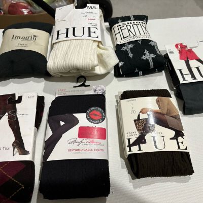 Lot Seven (7) Tights Various Brands Sizes Colors Textures Med Tall Long