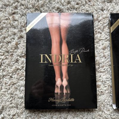 Honey Birdette Indria Peach Stockings Luxury Thigh High Stay Ups size Small new
