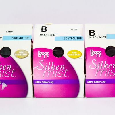 3 L'eggs Silken Mist Control Top  Ultra Sheer Leg BLACK MIST Tight Size B