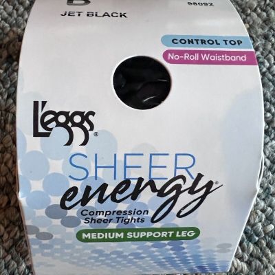 Leggs Sheer Energy Control Top No-Roll Waist Panty Hose “B”  Jet Black Tights
