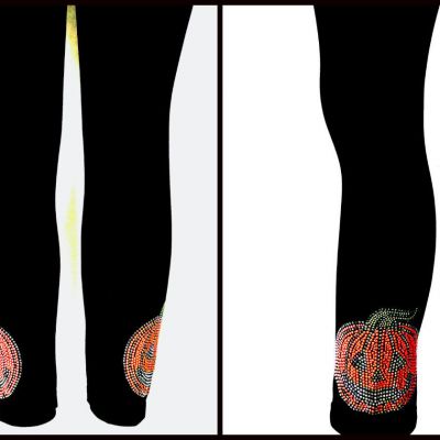 Plus Size Yoga Style Black Leggings Rhinestone Embellished Halloween Pumpkins