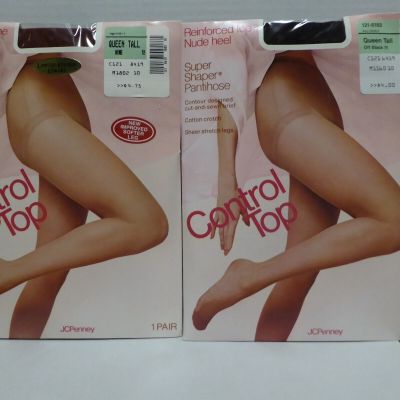 2 Pair JCPENNEY Super Shaper Control Top Pantyhose Queen Tall, Wine & Off Black