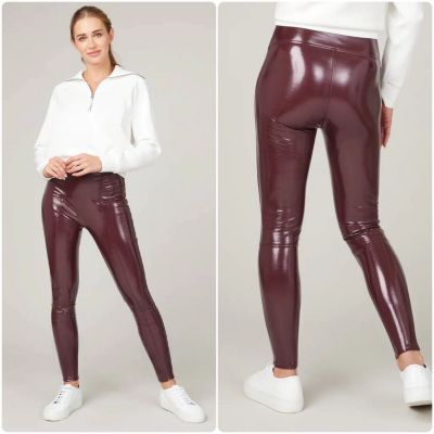 SPANX Faux Patent Leather Leggings Ruby Size M Burgundy Liquid Gloss