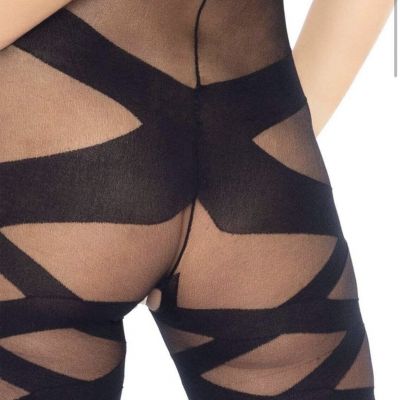 Black Opaque Bodystocking with Sheer Faux Wrap Details One Size (la) j12