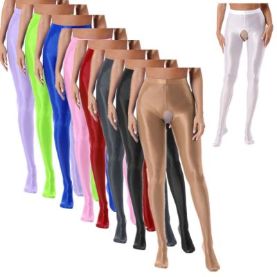 Womens Wetlook Oil Shiny Stockings Open Crotch Glossy Footed Tights Pantyhoses