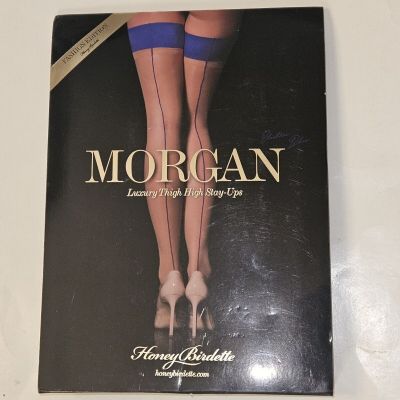 Honey Birdette Morgan Electric Blue Stockings Luxury Thigh High Stay Up sz S new