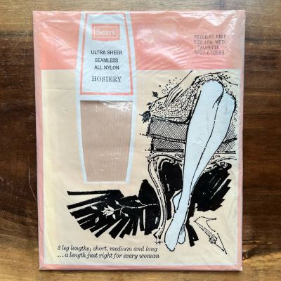 Sears Ultra Sheer Seamless Nylon Tights Size 10.5 Med Taupette 60s Vintage NEW