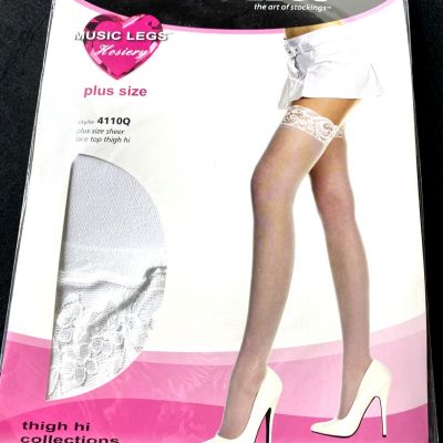 MUSIC LEGS SHEER LACE TOP THIGH HIGH PLUS SIZE STOCKINGS #4110Q WHITE