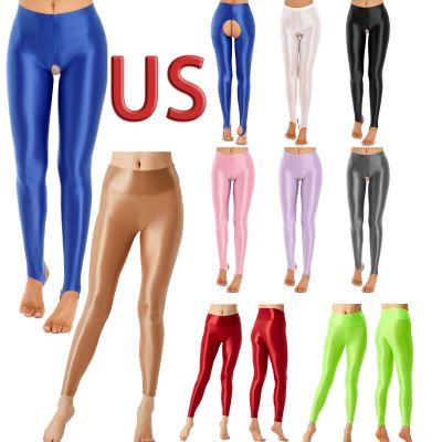 US Women Glossy Oil Silk Pants Hollow Out Pantyhose Workout Fitness Yoga Tights