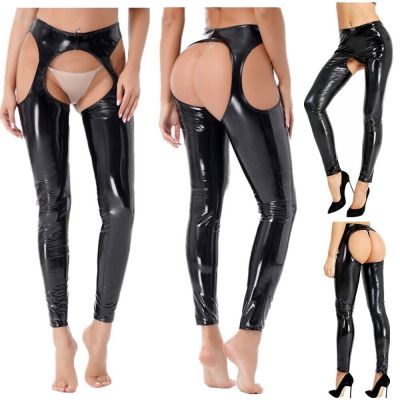 US Womens Ladies PVC Leather Wet Look Leggings Lingerie Open Crotch Skinny Pants