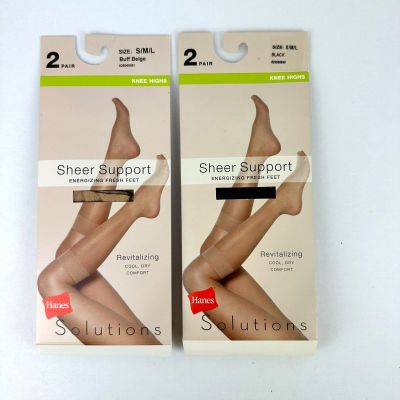 LOT OF 2 Hanes Solutions Sheer Support Knee Highs Black & Beige 2 Pairs S/M/L