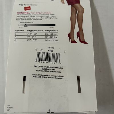 Hanes Stylessentials Control Top Pantyhose 2 Pack  Nude Size A Sheer Leg & Toe