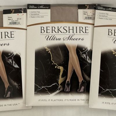 Berkshire Ultra Sheer Control Top Pantyhose, Size 4- Lot Of 3-Stone & Ivory