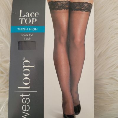 Thigh High Lace Top Pantyhose Stockings Sheer Toe SIZE L/XL Jet Black 1 PAIR