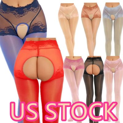 US·Women Shiny Sheer Crotchless Pantyhose High Waist Lace Hollow Out Tights