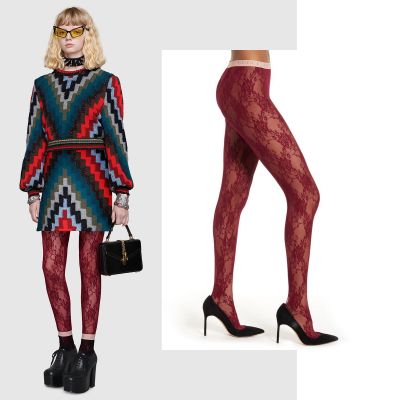 GUCCI TIGHTS SCARLET FLORAL LACE LOGO WAISTBAND sz M / MEDIUM